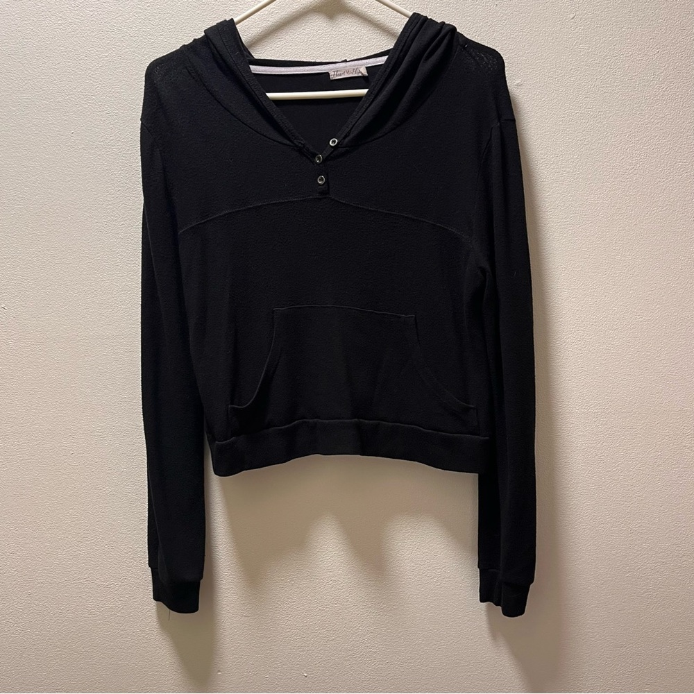 Heart & Hips Casual Y2K Edgy Skater Pullover Crop Light Knit Hoodie, Sz S, Black